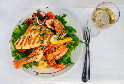 High angle view of food in plate on table