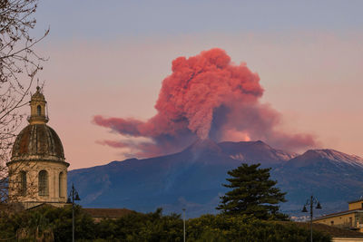 Panoramic view of the strombolian eruption of etna against the sky