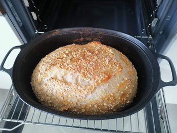 High angle view of meat in cooking pan