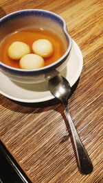 High angle view of eggs in bowl on table