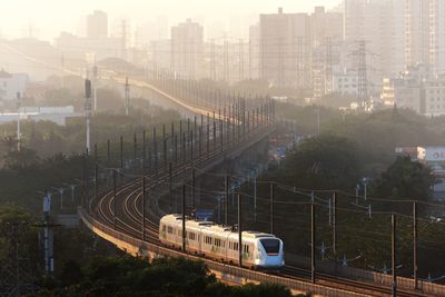 High angle view of train in city