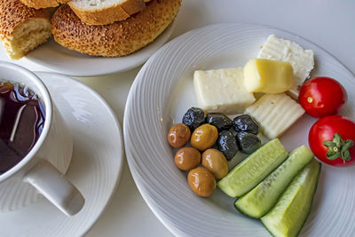 High angle view of breakfast on table