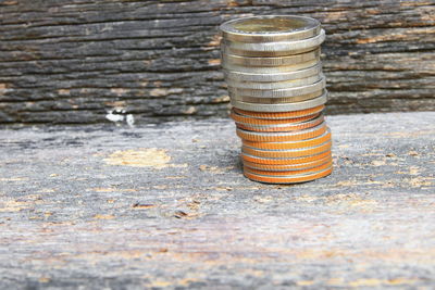 High angle view of coins on table