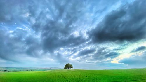 Scenic view of field against cloudy sky