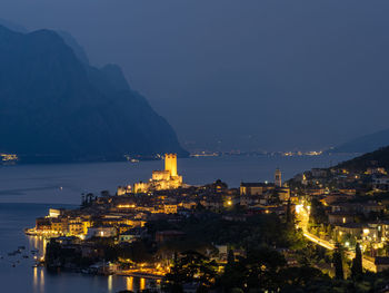High angle view of illuminated city at night