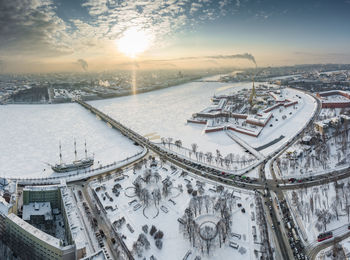 High angle view of cityscape against sky during sunset