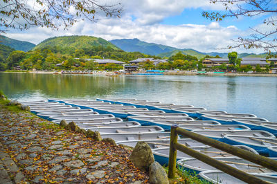 Scenic view of lake and mountains against sky