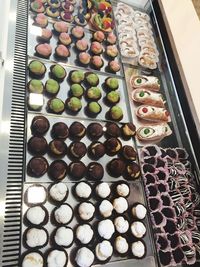 High angle view of candies in tray