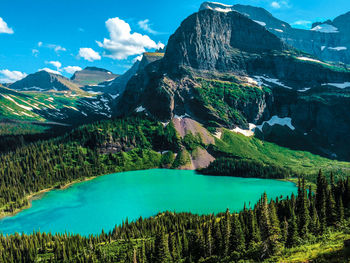 Panoramic shot of countryside lake against mountain range