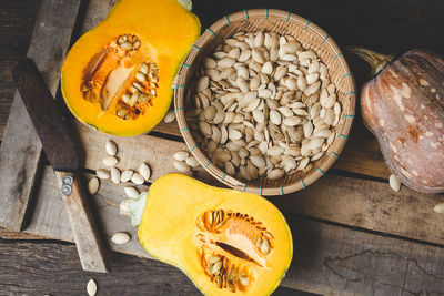High angle view of pumpkins on table