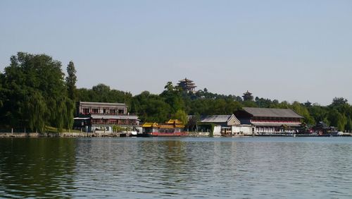 Calm lake with buildings in background