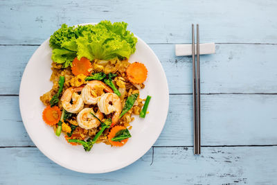 High angle view of salad in plate on table