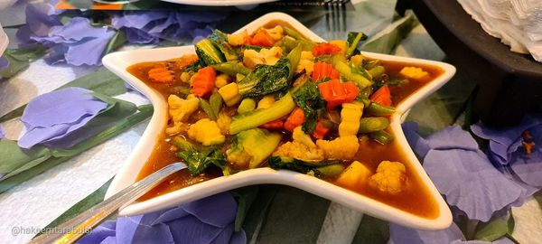 High angle view of meal served in bowl