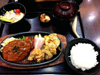 High angle view of food in plate on table