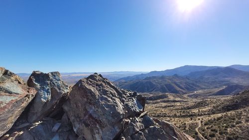 Panoramic view of rocky mountains against clear blue sky