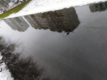 Reflection of snow in puddle on lake