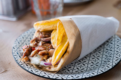 Close-up of food in plate on table