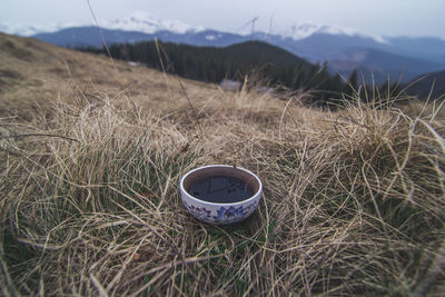 Close up ceramic tea mug standing in dried grass concept photo