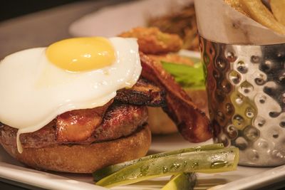 Close-up of burger in plate on table