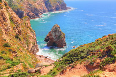 High angle view of rocks on sea shore