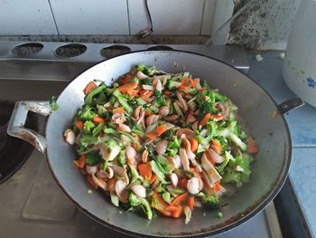 High angle view of salad in plate on table