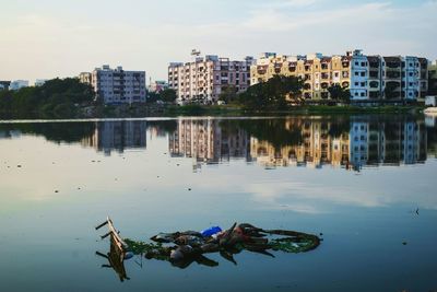 Reflection of trees in lake against sky in city