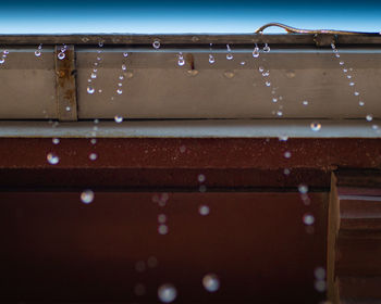 Close-up of water drops on built structure