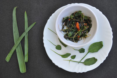 High angle view of salad in plate on table