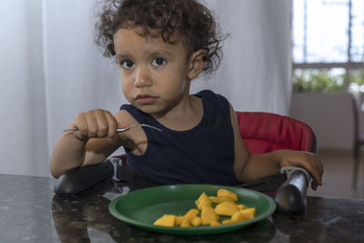 Portrait of boy eating food at home