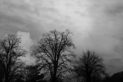 Low angle view of bare trees against cloudy sky