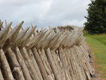 Sharp wooden fence on field against cloudy sky