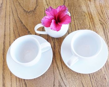 High angle view of pink hibiscus in cup on table