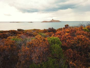 Scenic view of sea and mountains against sky