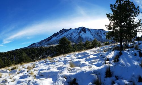 Scenic view of snow covered mountains against sky