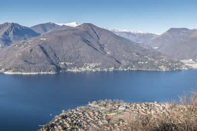 Scenic view of lake and mountains against clear blue sky