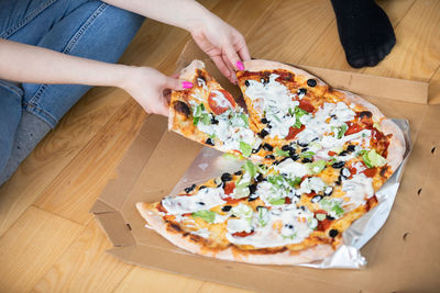 High angle view of person preparing food