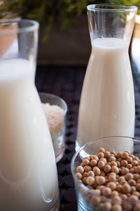 Close-up of milk with soybeans in bowl