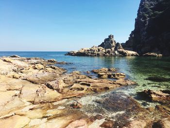 Scenic view of sea against clear blue sky