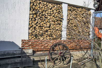 Bicycles on wall of building