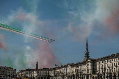 The italian tricolour arrows make a show in the sky of turin
