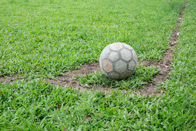 High angle view of soccer ball on field