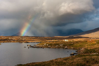 Scenic view of rainbow over mountain against sky