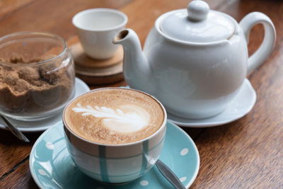 High angle view of coffee on table