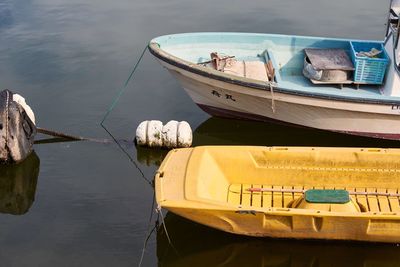 High angle view of boats moored in lake