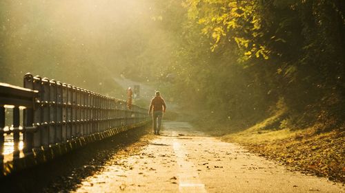Rear view of man walking on bridge