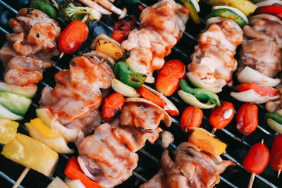 High angle view of vegetables on barbecue