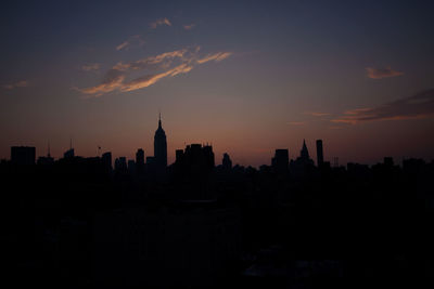 Silhouette of buildings against sky at sunset