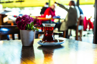 Close-up of potted plant on table in restaurant
