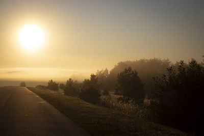 Road amidst trees against sky during sunset