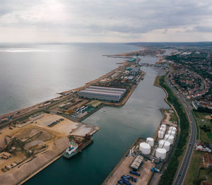 High angle view of ship on sea against sky